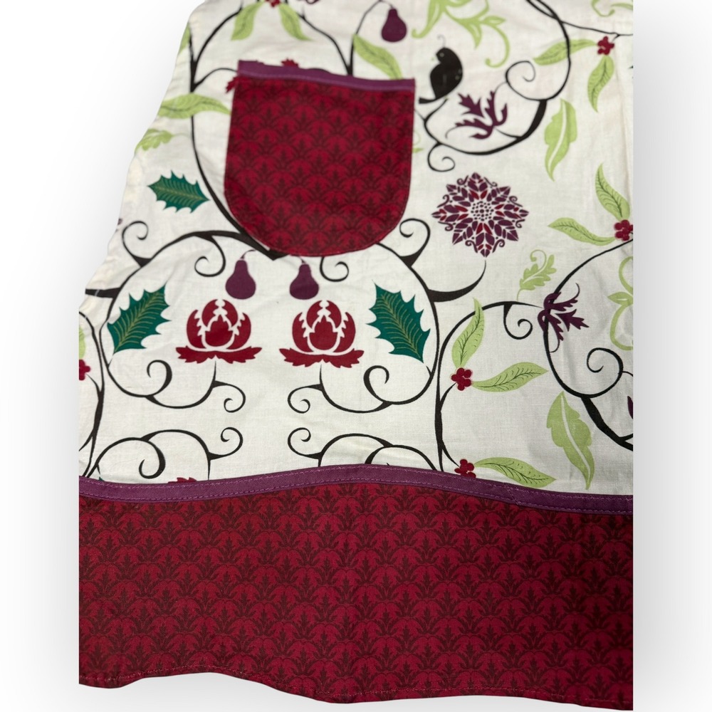 Now Designs Burgundy Christmas Partridge Bird Pear Cotton Half Apron Pockets - Picture 3 of 8